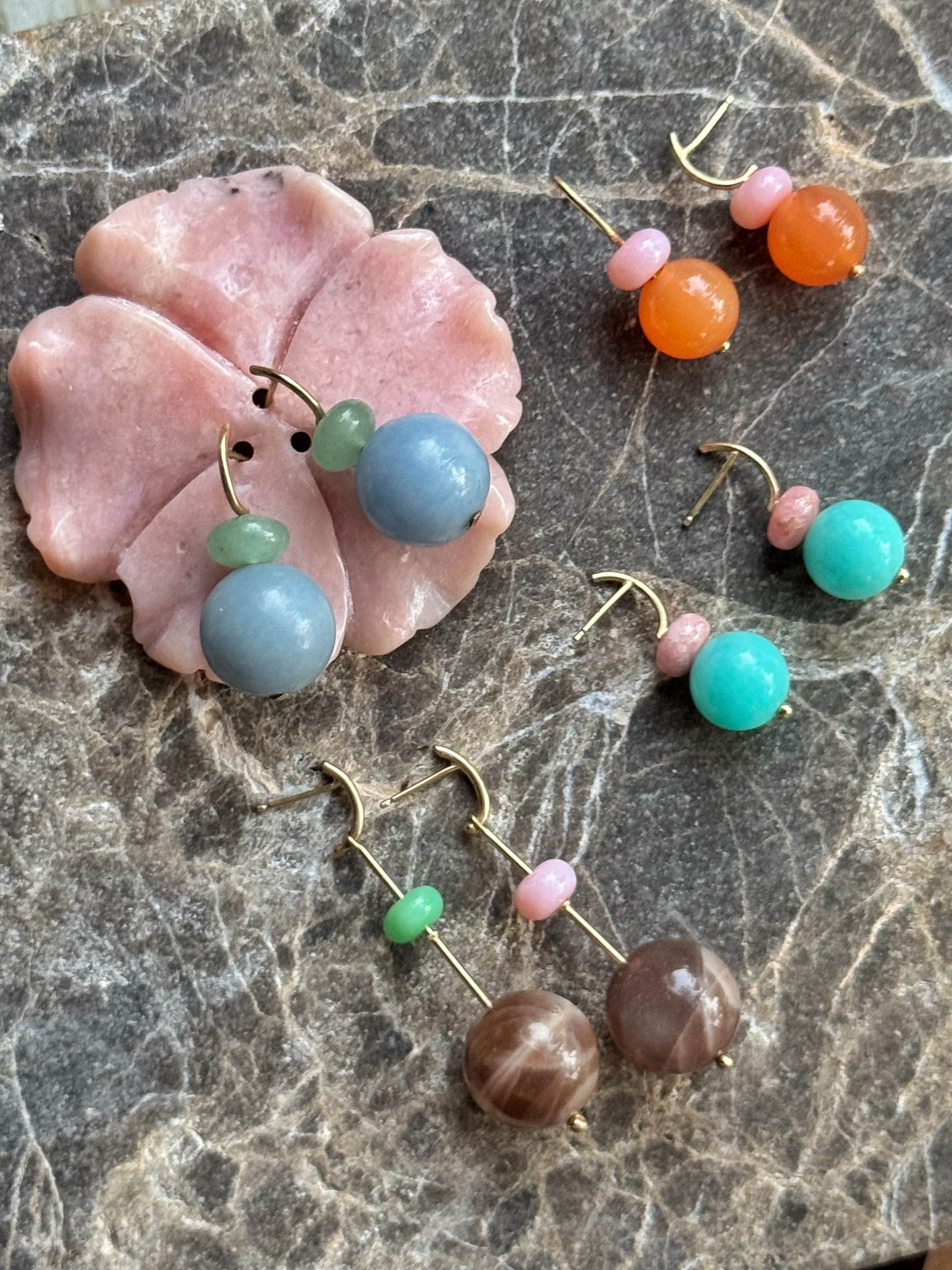 Pom Pom Hooplet Earrings Orange Chalcedony Pink Opal