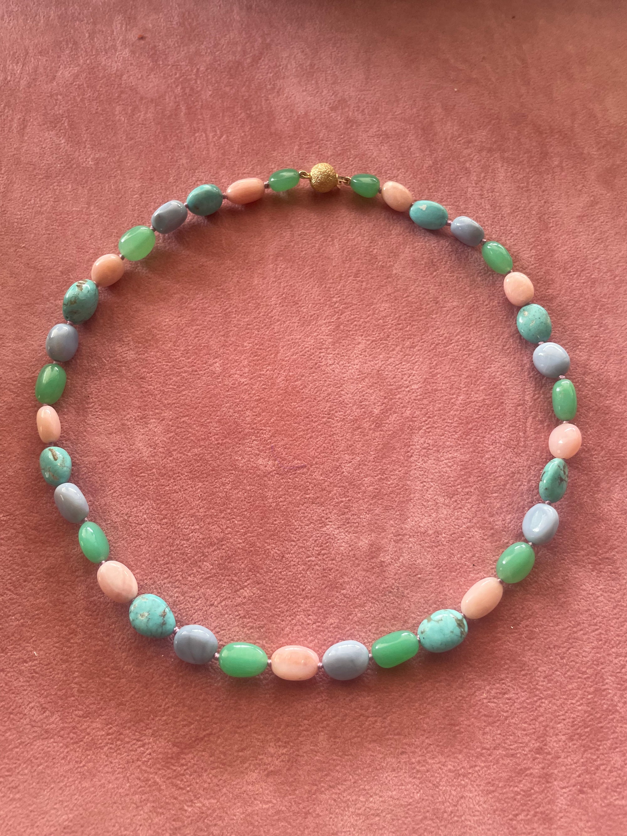Beaded Nuggets Pink Opal, Turquoise, Chalcedony and Chrysoprase Necklace