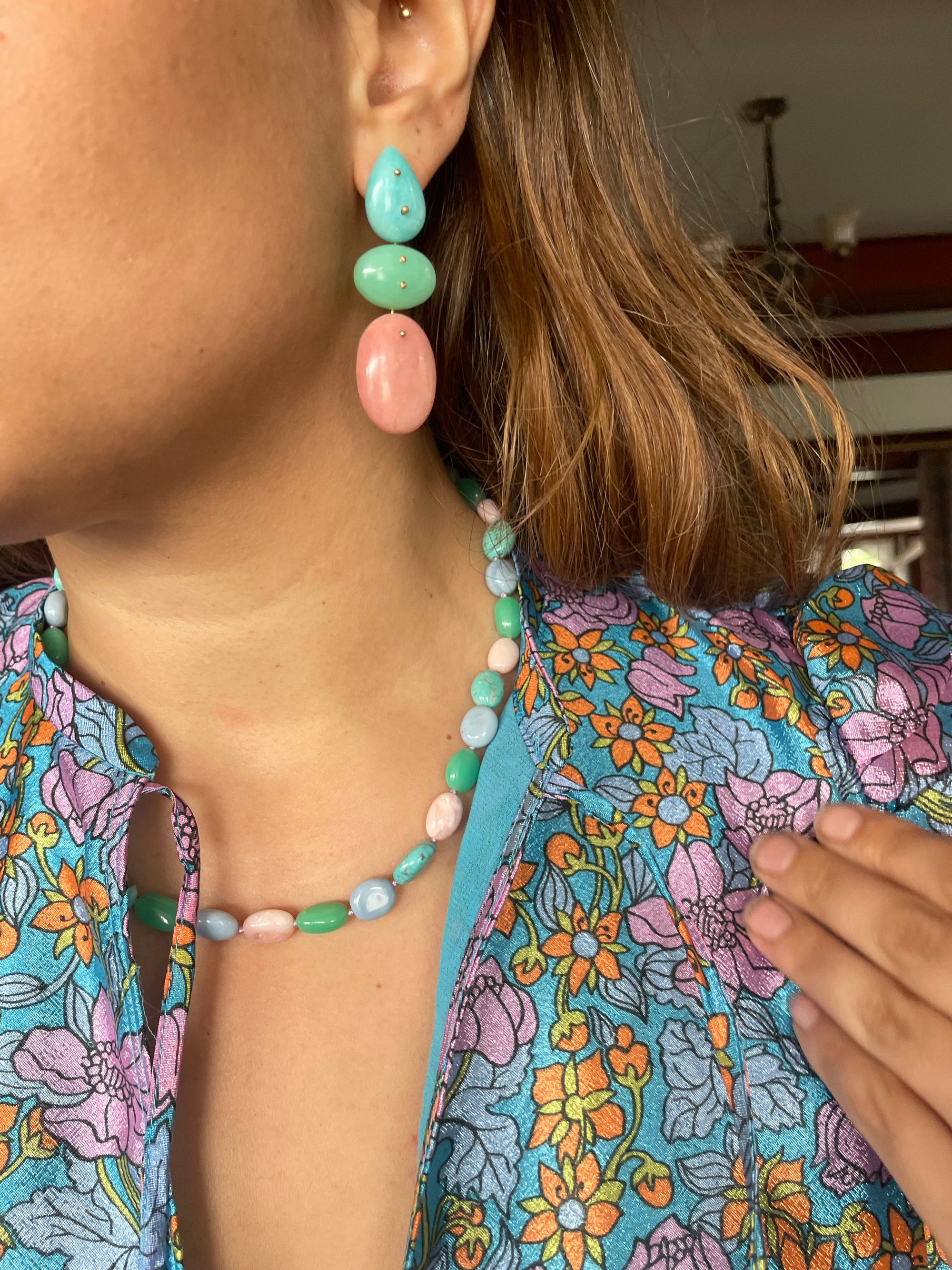 Mobile Earrings Amazonite Chrysoprase Pink Opal