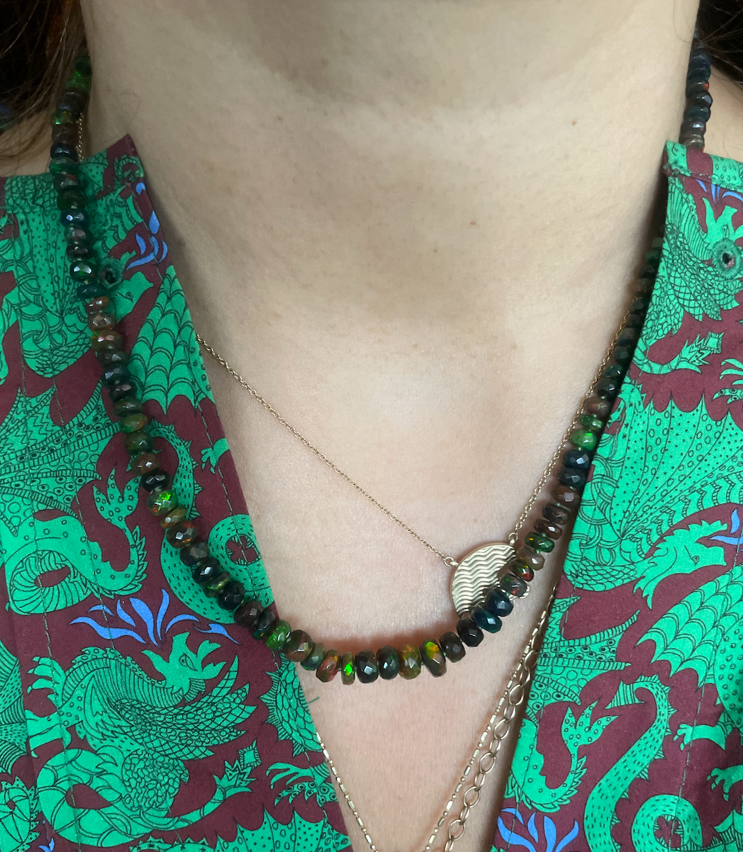 Beaded Mini Ethiopian Opal Necklace - Black with Rainbow Flashes