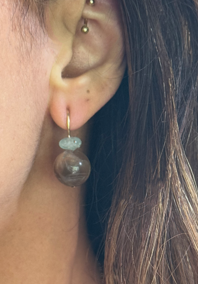 Pom Pom Hooplet Earrings Peach Calcite Aqumarine Sunstone