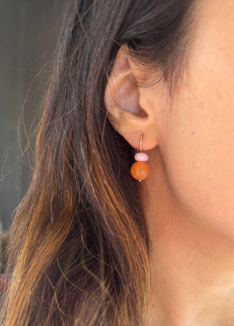 Pom Pom Hooplet Earrings Orange Chalcedony Pink Opal