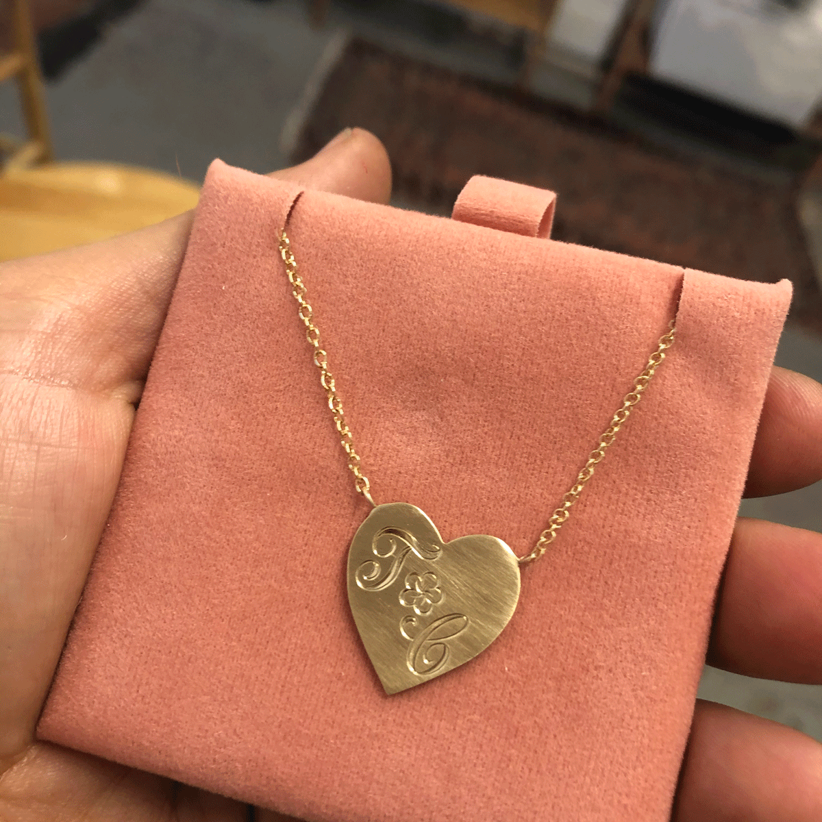 Floral Hand Engraved Initials Signet Monogram Heart Necklace Charm