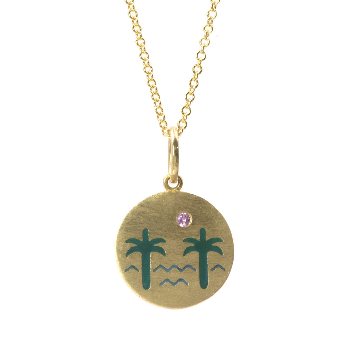 Enamel Venice Palms Necklace with Pink Sapphire